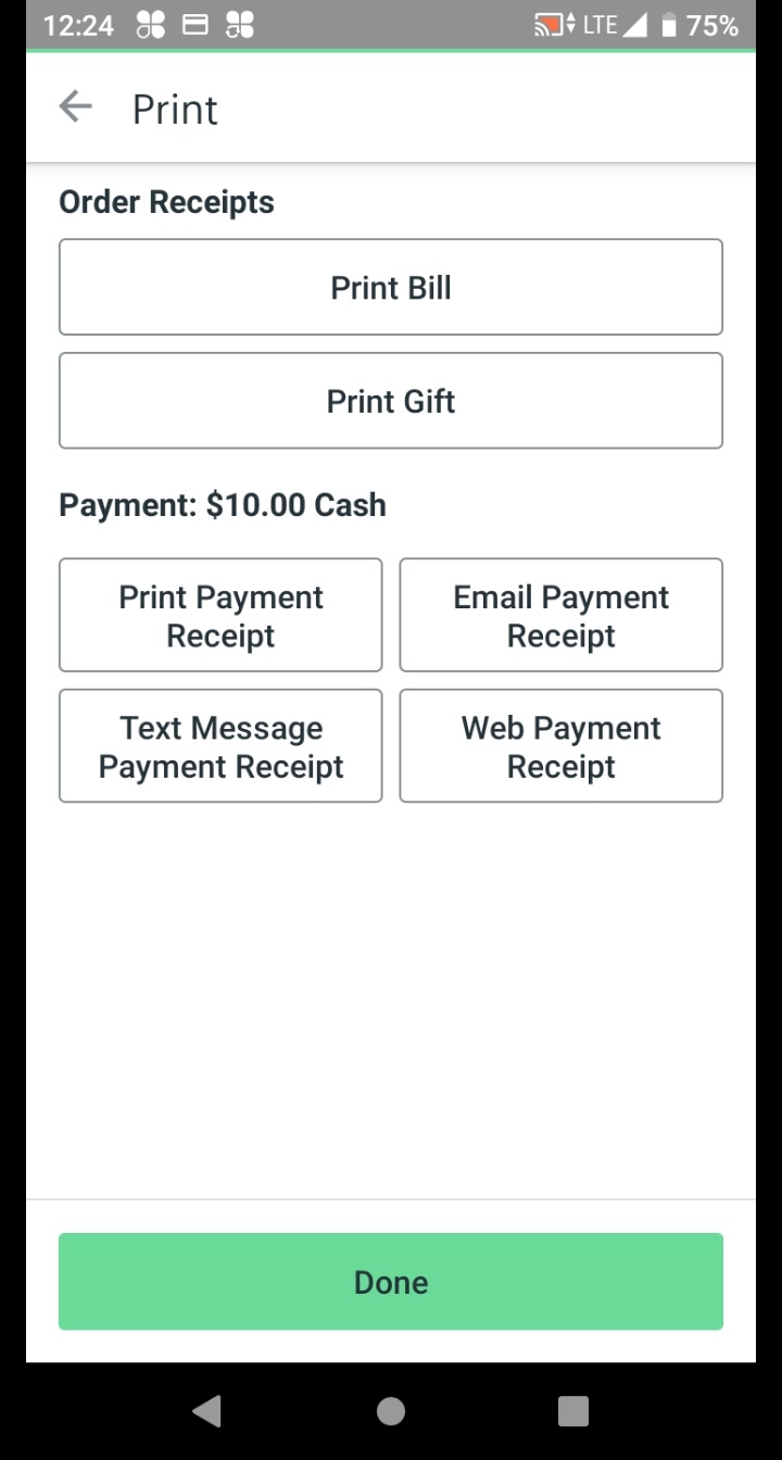 Receipt options screen showing Print, Email, and Text options.